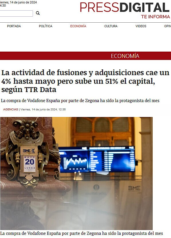 La actividad de fusiones y adquisiciones cae un 4% hasta mayo pero sube un 51% el capital, segn TTR Data